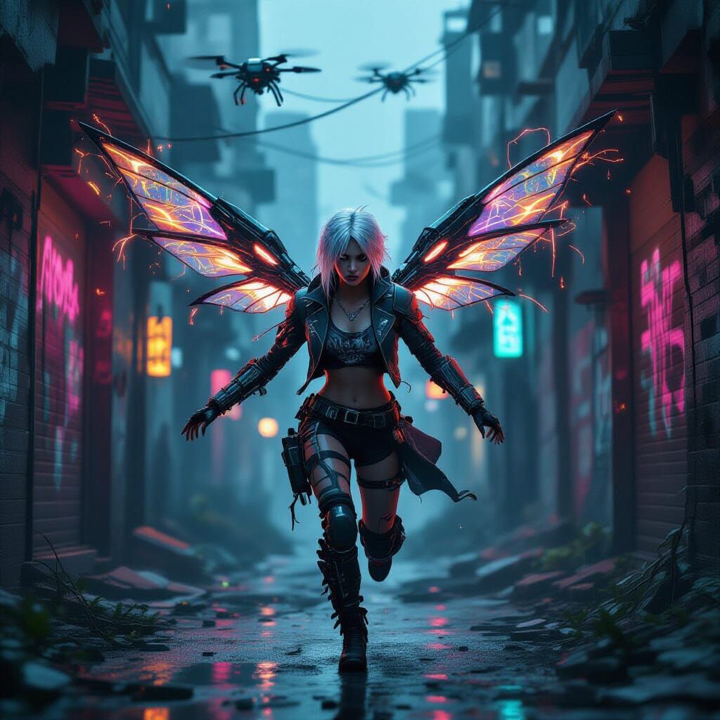 A gritty, nontraditional fairy sprinting away from the drone...