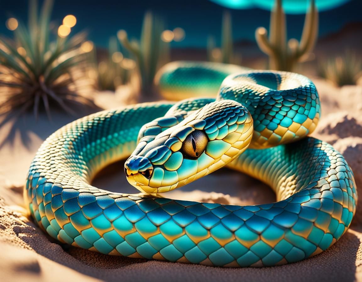 Golden Turquoise Snake in Moonlit Desert: Macro Shot
