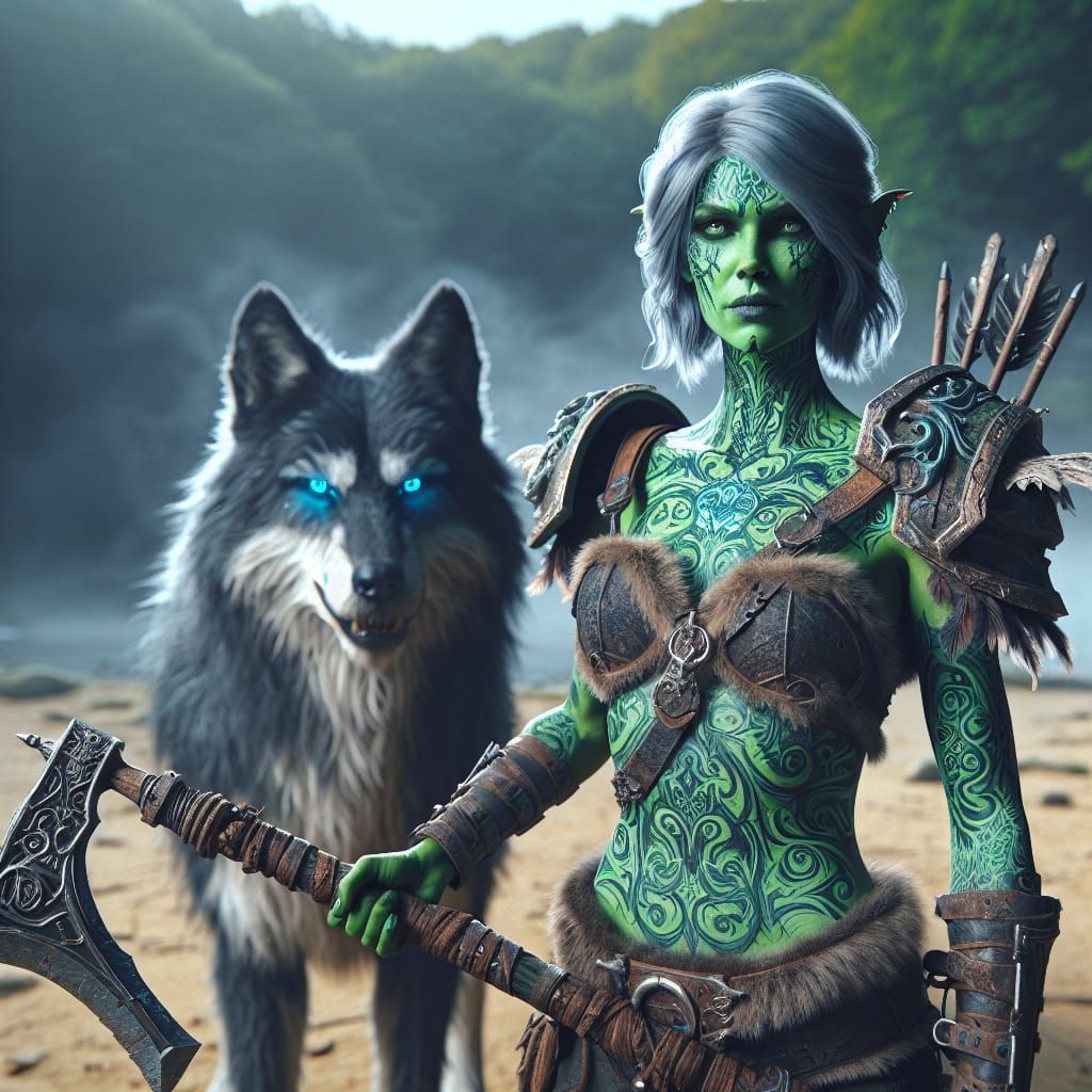 Faunalyn  -- half elf/half-spriggan warrior. Cast out of her time. She travels with Muskeer the ghost wolf