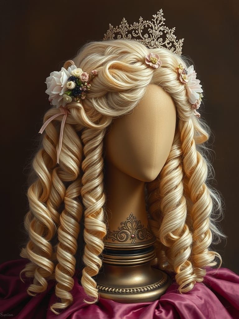 Ornate Blonde Wig in Rossetti-Inspired Oil Painting