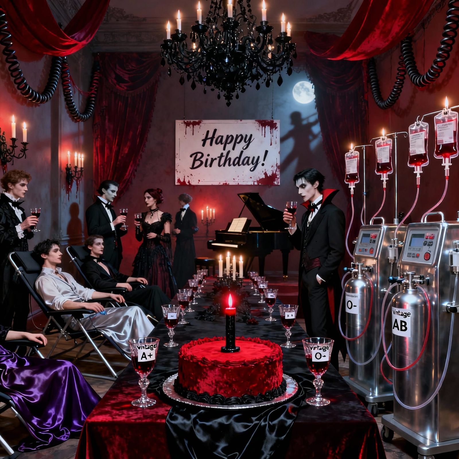 A darkly elegant vampire birthday party set inside a transfo...