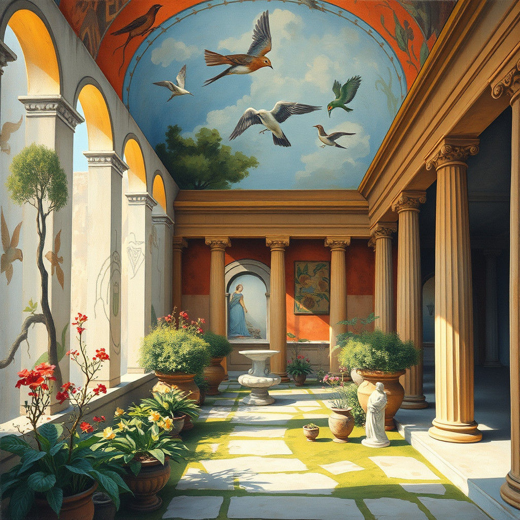 Pompeii Mansion Fresco: Birds in Garden, Gouache Style