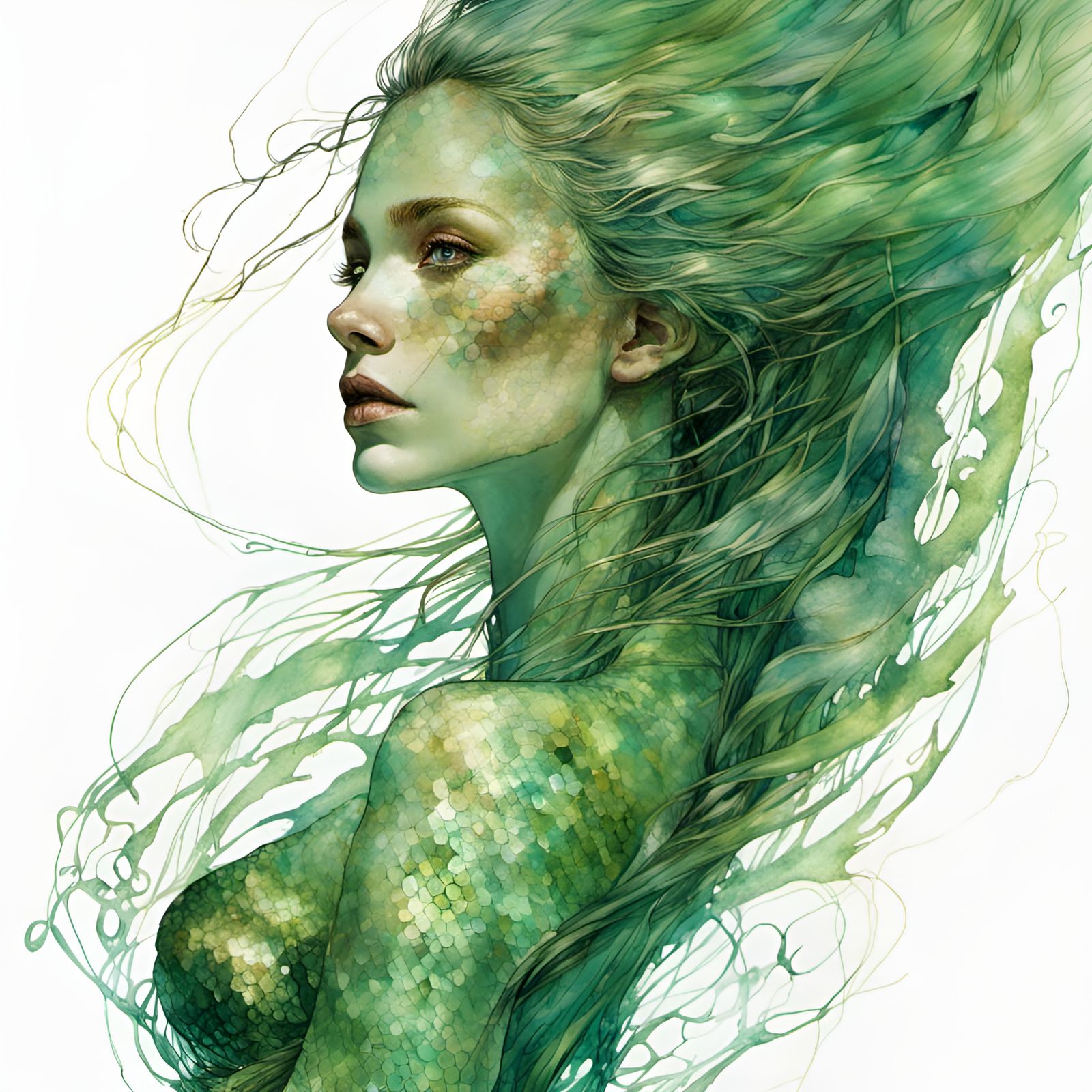Iridescent Green Mermaid Art Nouveau Illustration