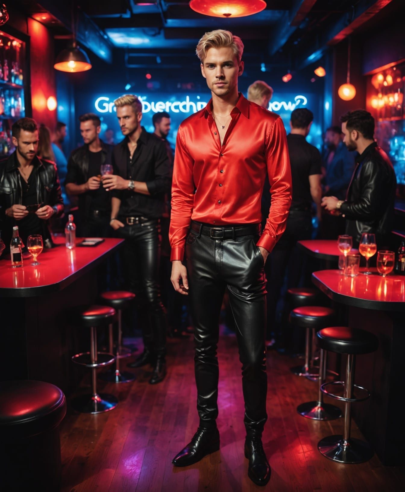 Stylish Man in Red Shirt at Neon Nightclub