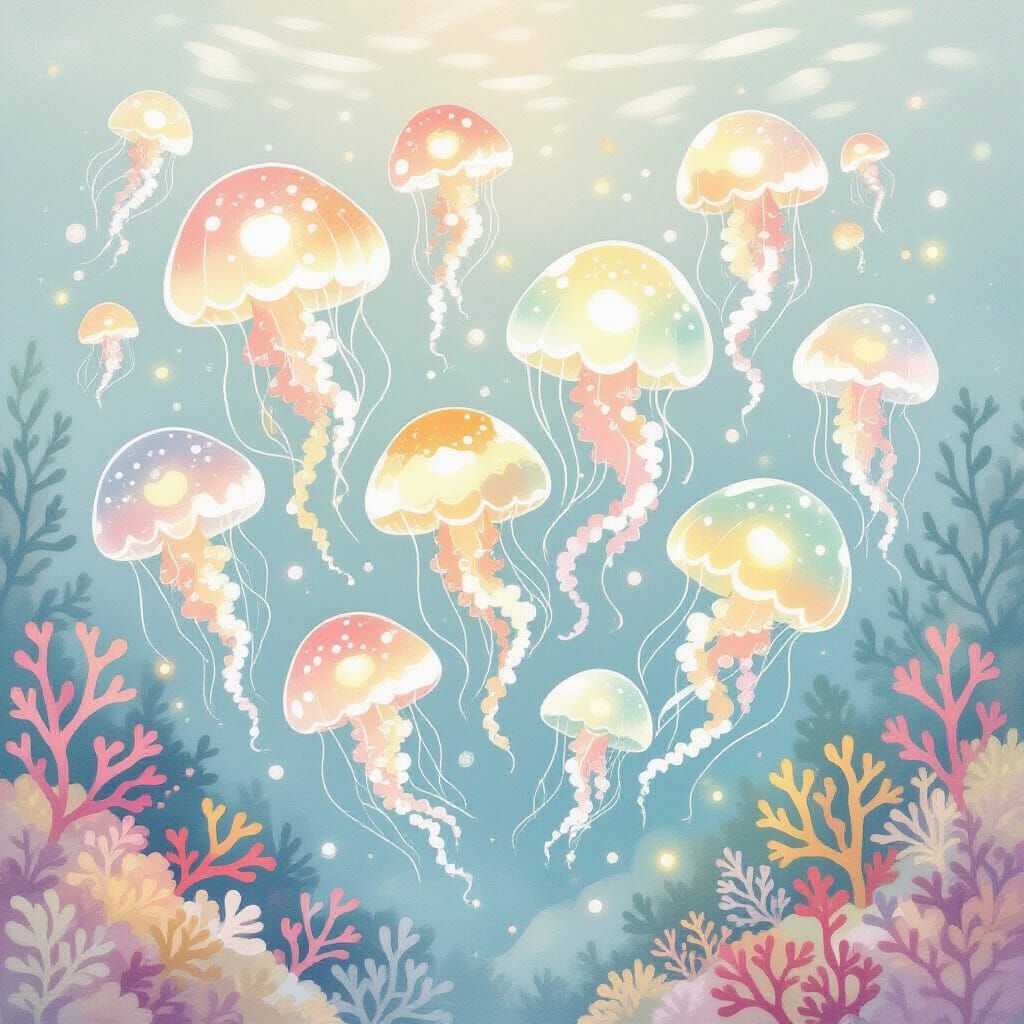 Whimsical Jellyfish Underwater Scene in Children's Book Styl...