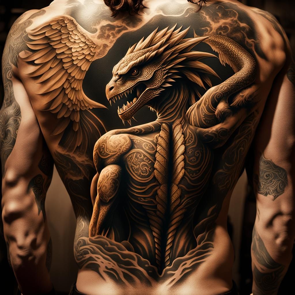 Mythological Back Tattoo in Cinematic Style