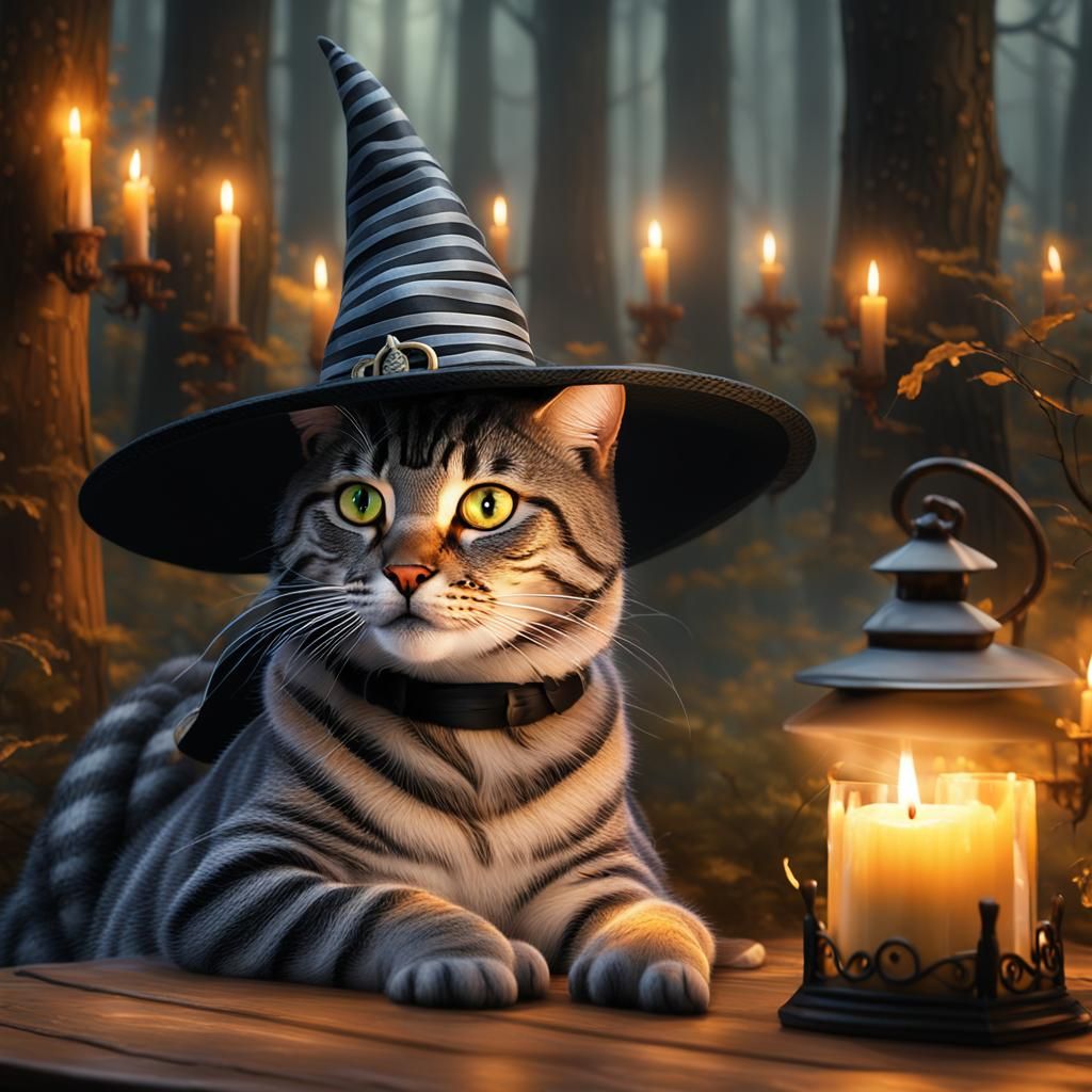 Whimsical Tabby Cat in Witch Hat, Fantasy Art