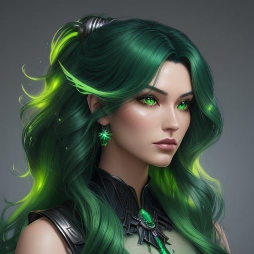 Hairdresser Styles Green Flame Hair in Art Deco Lighting