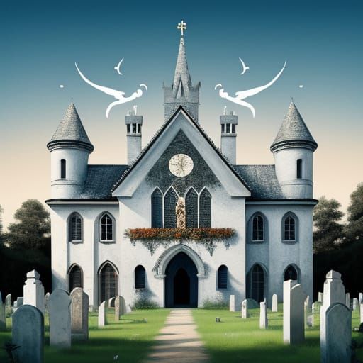 Enchanted Graveyard Chapel with White Snake in Joan Miro Sty...