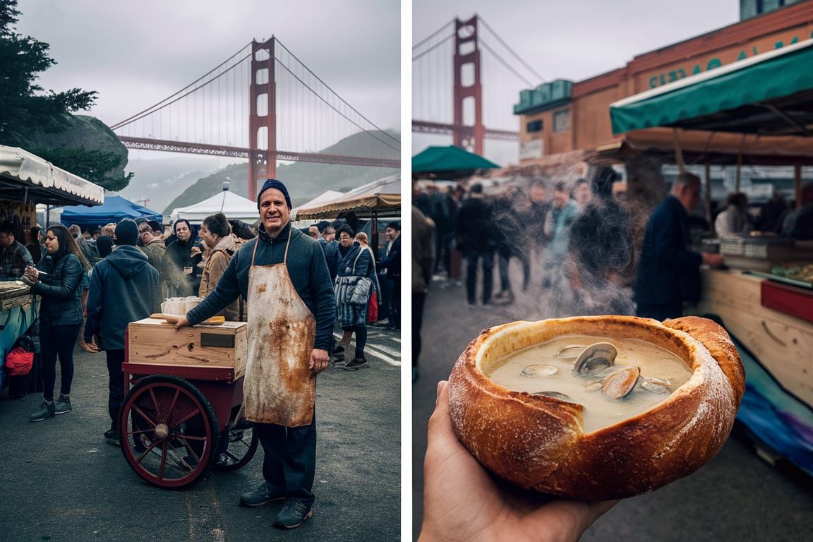 Bustling San Francisco Market with Golden Gate View