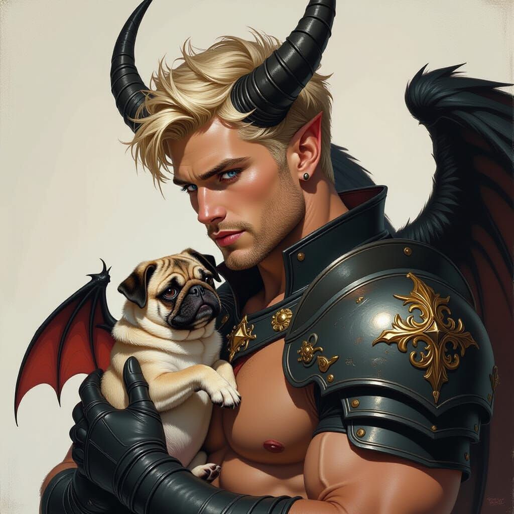 Archangel Knight Cradling Bat-Winged Pug: Dark Fantasy Portr...
