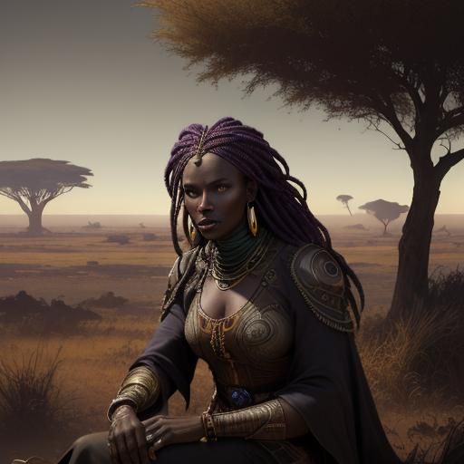 African Woman in Savanna Desert: Dark Fantasy Concept Art