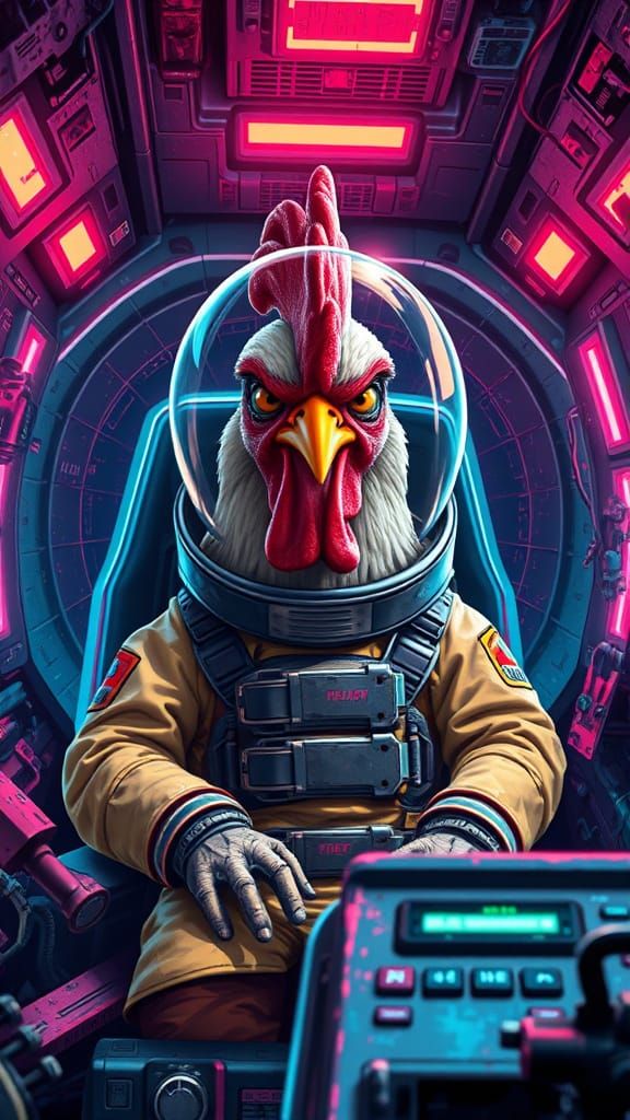 Chicken Astronaut in Cyberpunk Spaceship