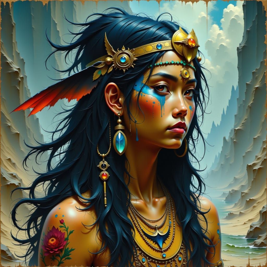 Mystical Native American Warrior with Raven Medallion