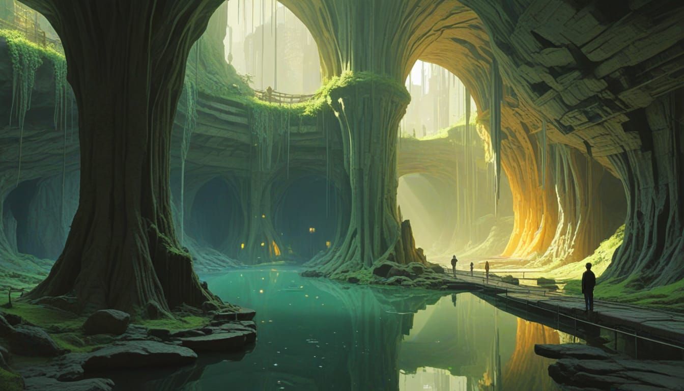 Subterranean City with Waterfalls in Architectural Style