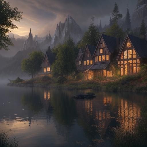 Enchanting Scandinavian Lake House: Oil Painting