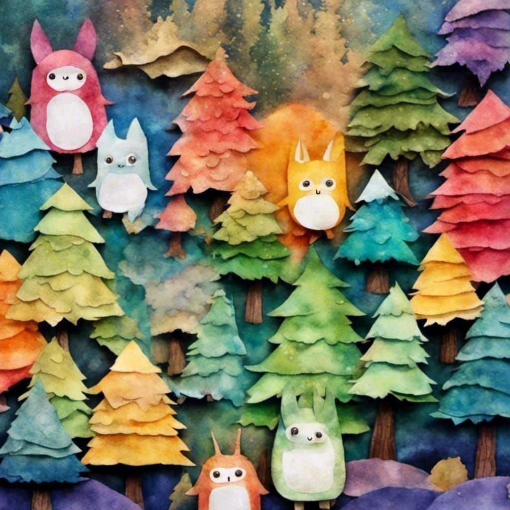 Magical Forest Scene with Fuzzy Monsters