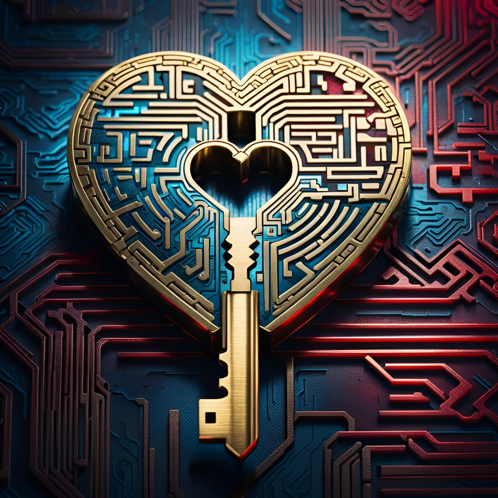 Microchip Maze Heart Key in Synthwave Neon Style
