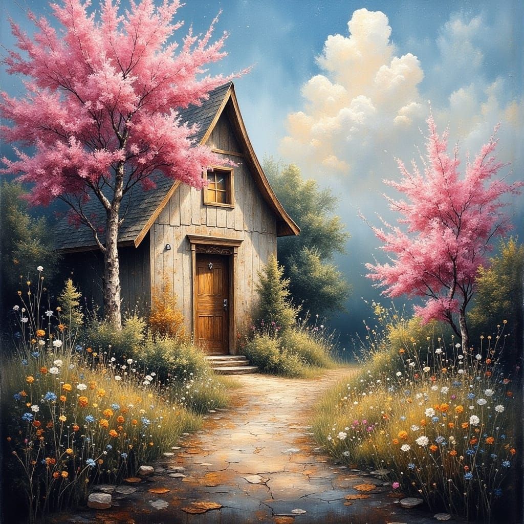 Oil Painting Of A Hidden Cottage Surrounded By Pink Blossoms