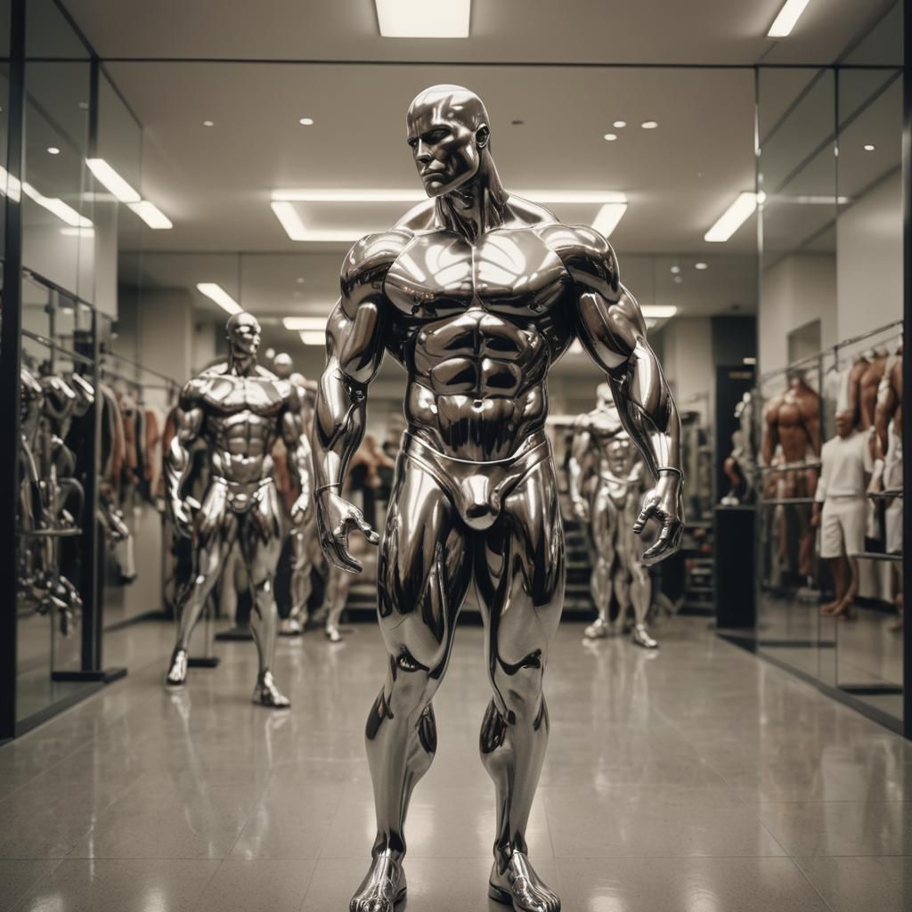 Chrome Muscle Mannequins Kissing in Photorealistic Style
