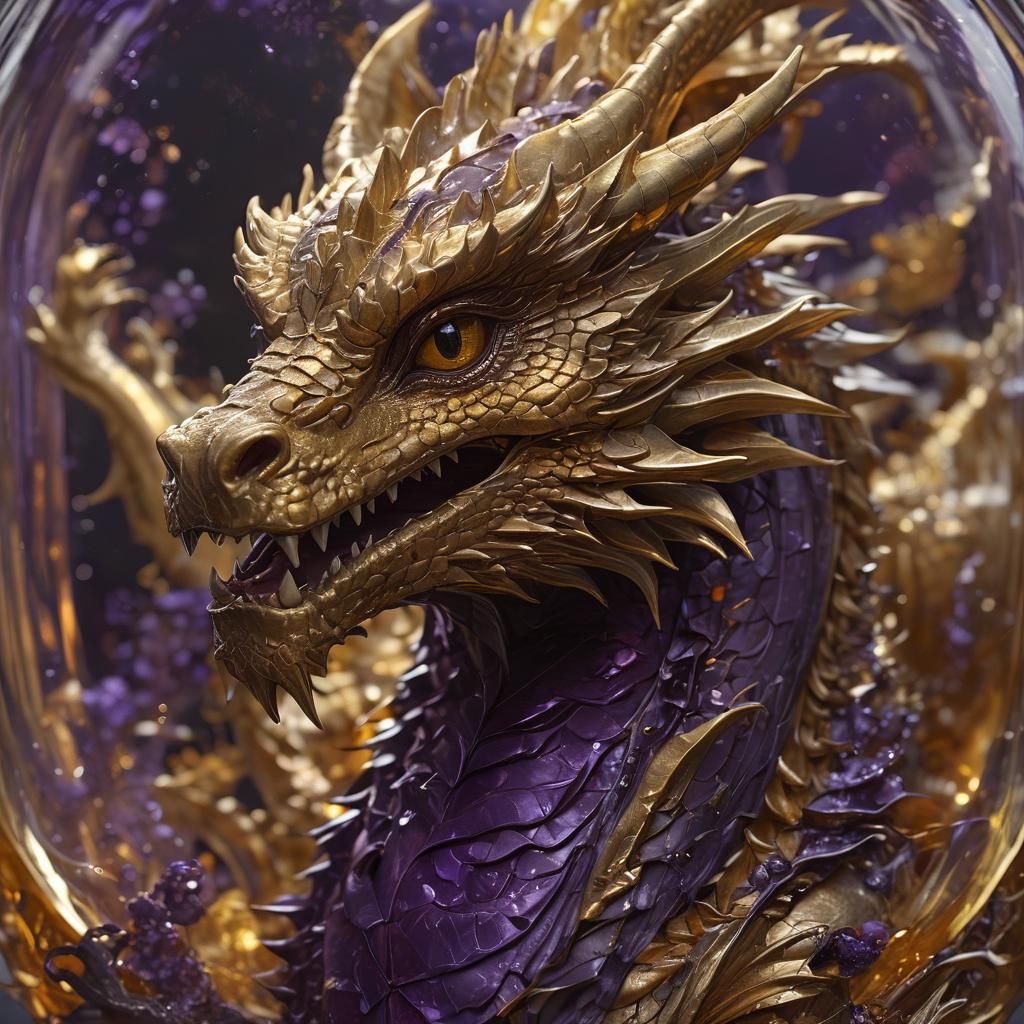 Golden Dragon in Glass Container, Dark Fantasy Art