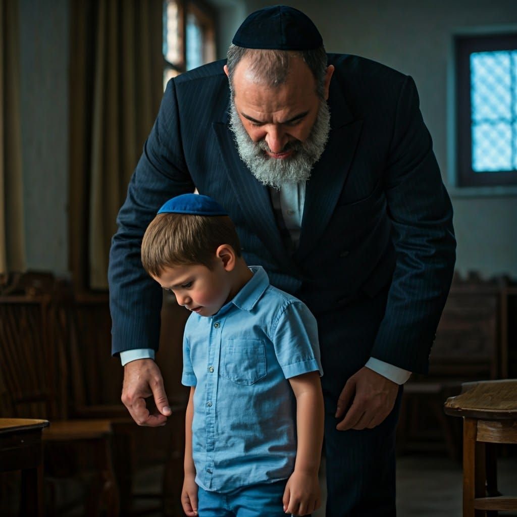 Stern Jewish Teacher Scolds Timid Student: Cinematic Still