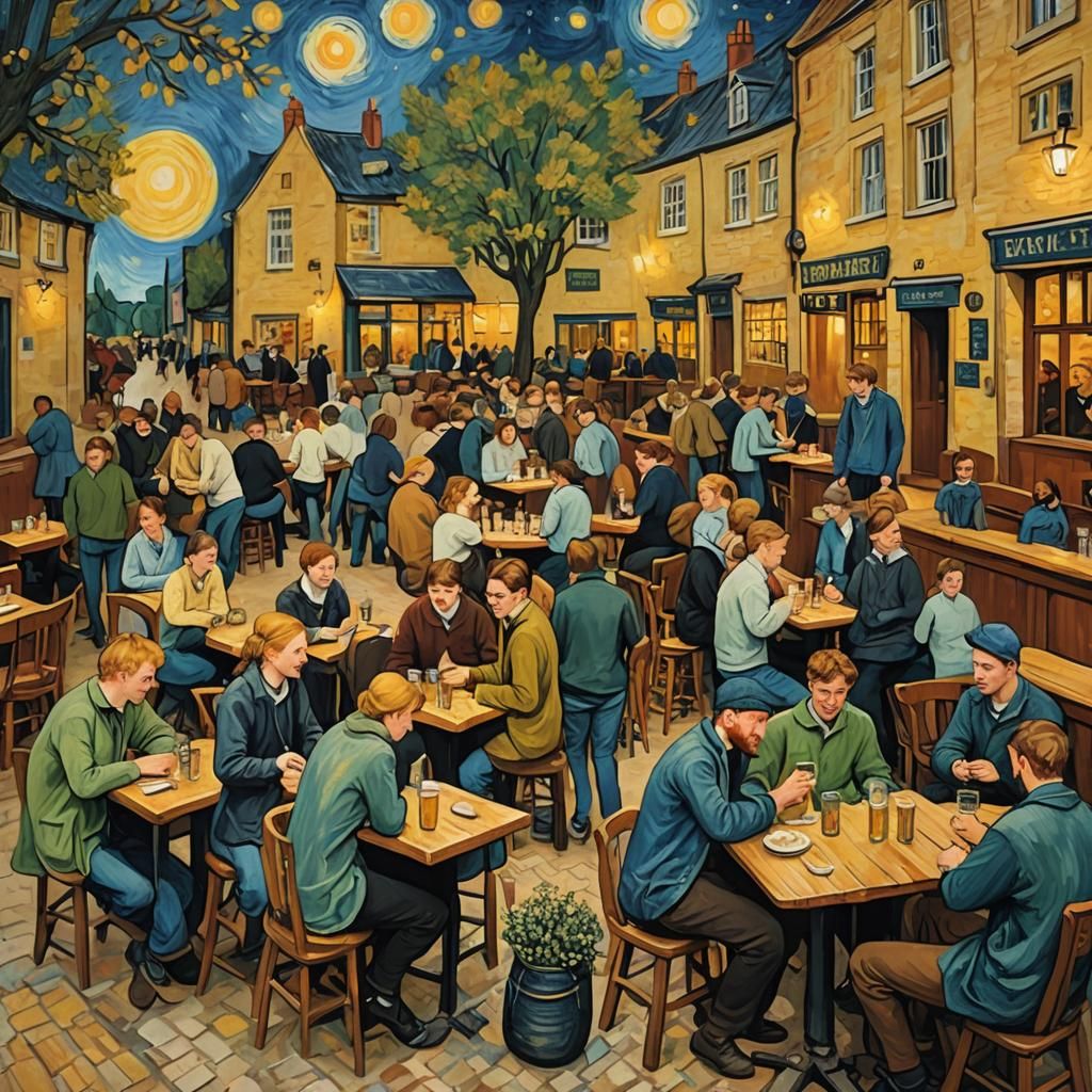 Campus Pub Scene in Van Gogh Style