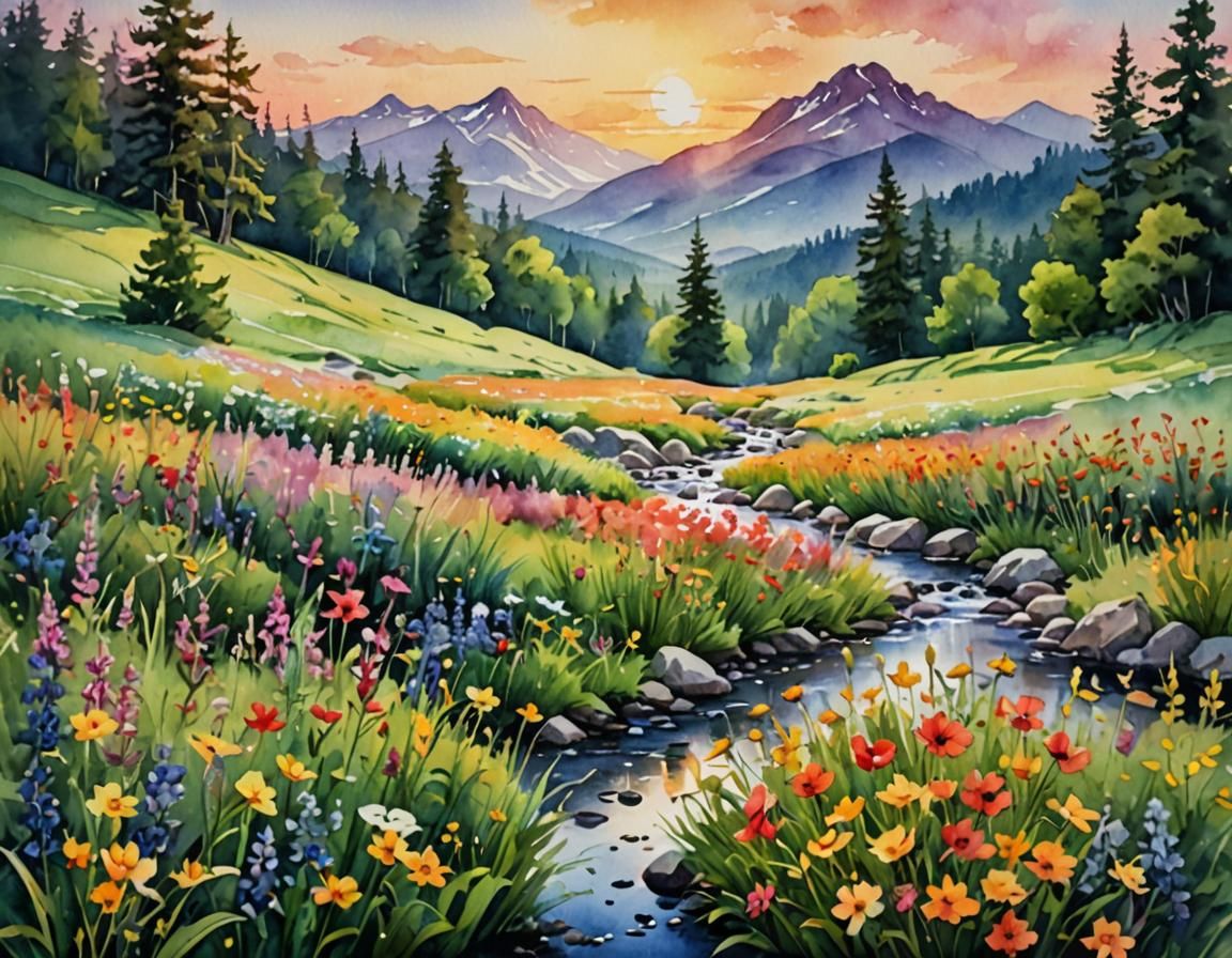 Watercolor Meadow Stream at Sunset, Impressionistic Style