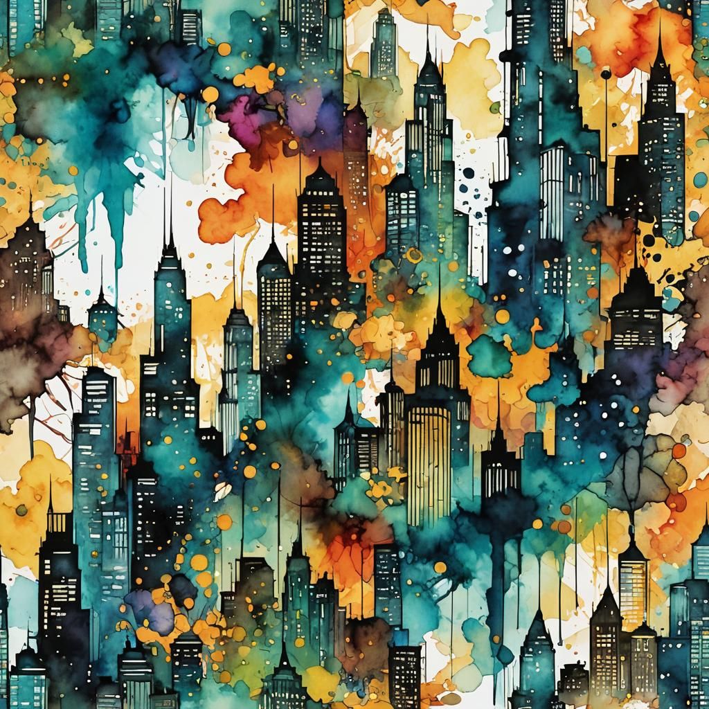 Alcohol Ink and Line Drawing of Skyscrapers