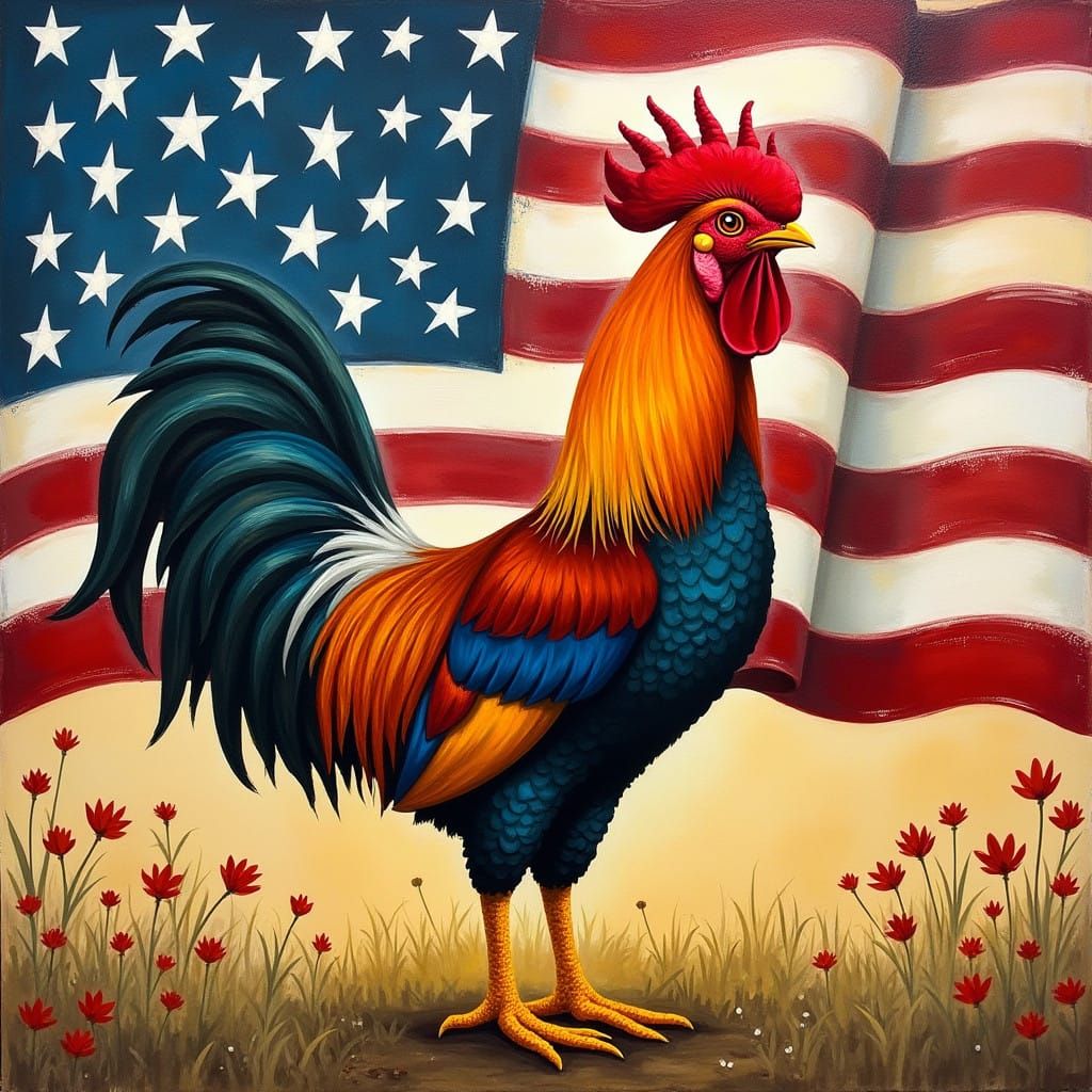 Patriotic Rooster with Vibrant Plumage, in Classic American....