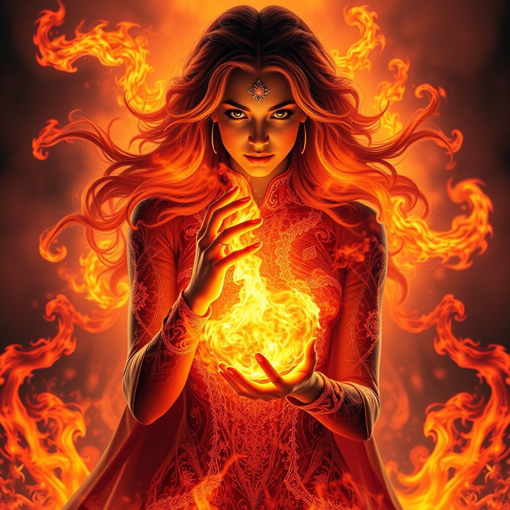 Fire Princess Super Heroine Holding Fireball