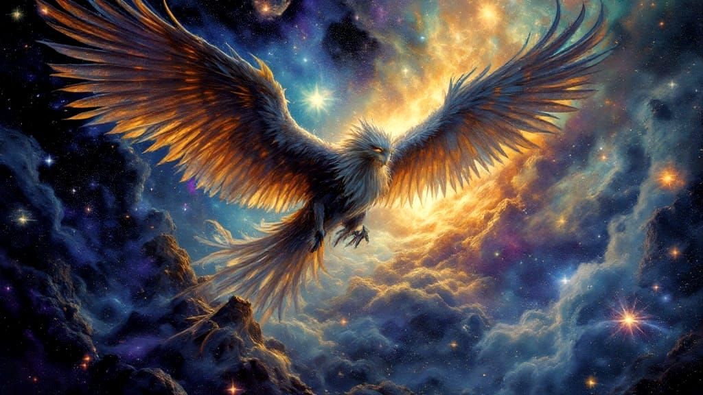 Majestic Griffin Soars Through Cosmic Nebula