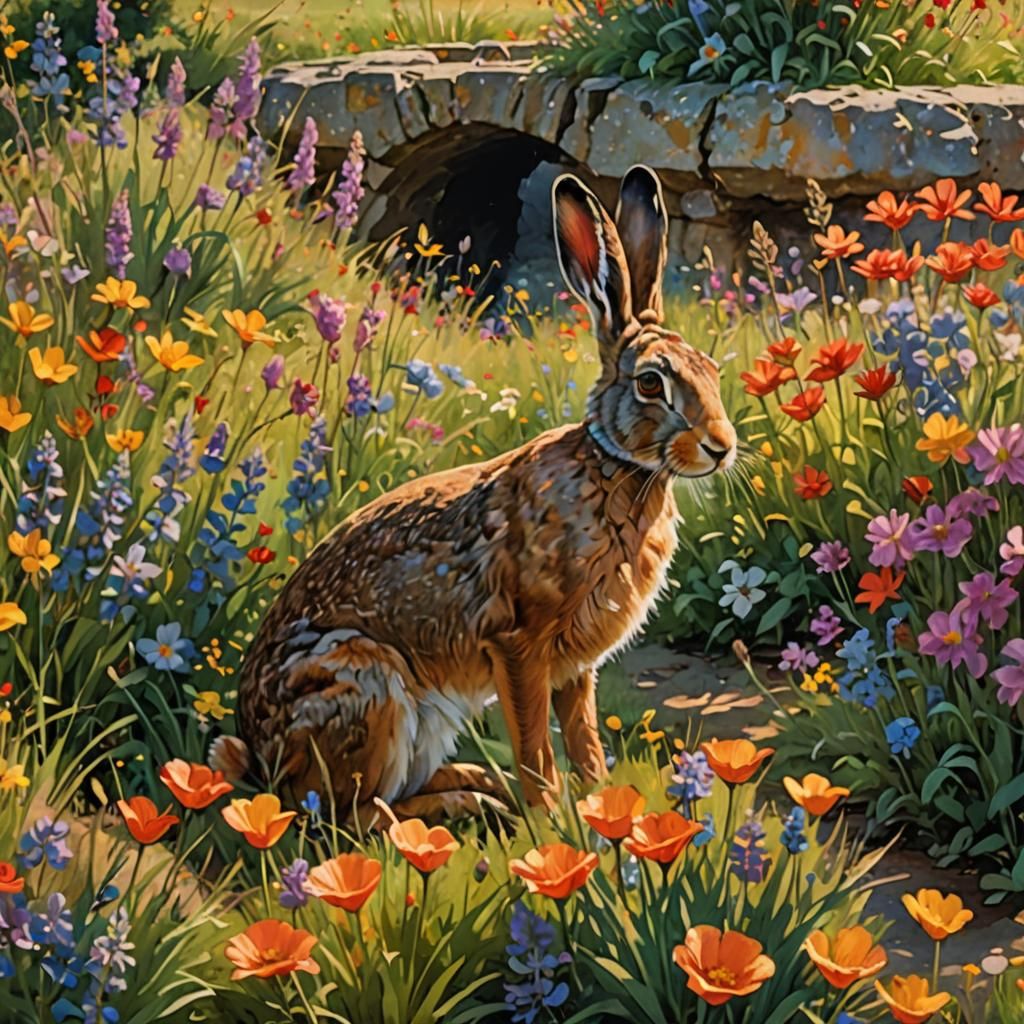 Hare in Lush Meadow with Wildflower Border