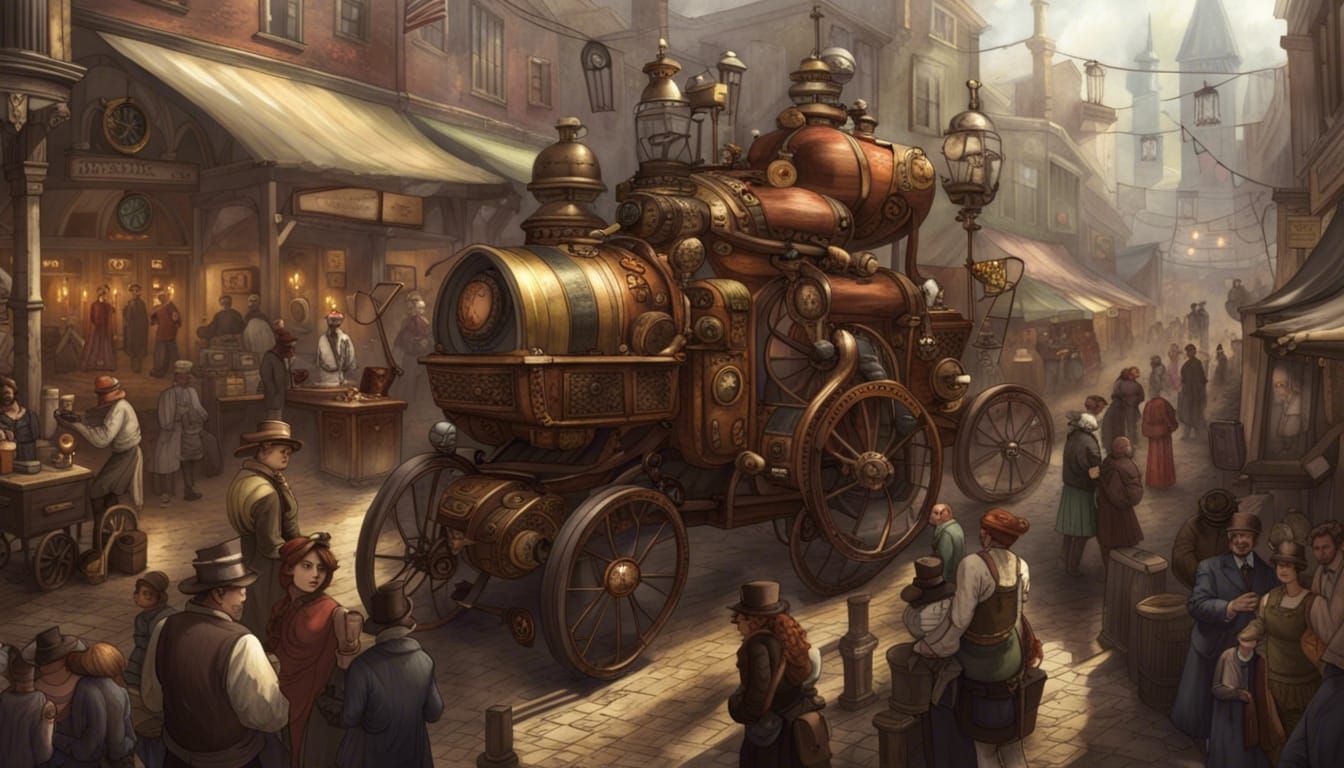 Crowded Victorian Market with Steampunk Vehicles