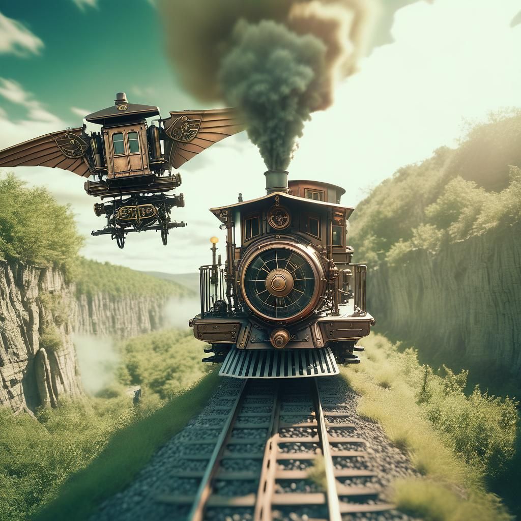 Steampunk Flying Train in Mystical Landscape