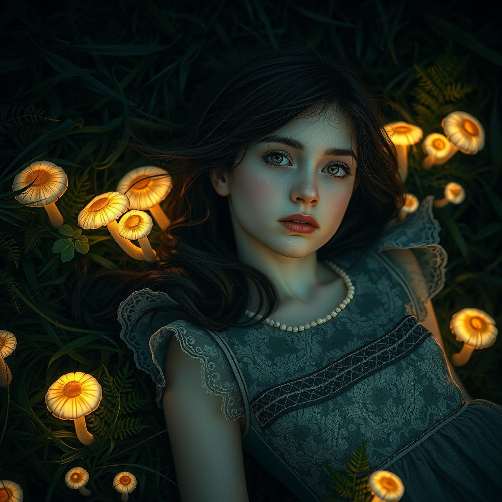 Gothic Victorian Girl in Mushroom Garden