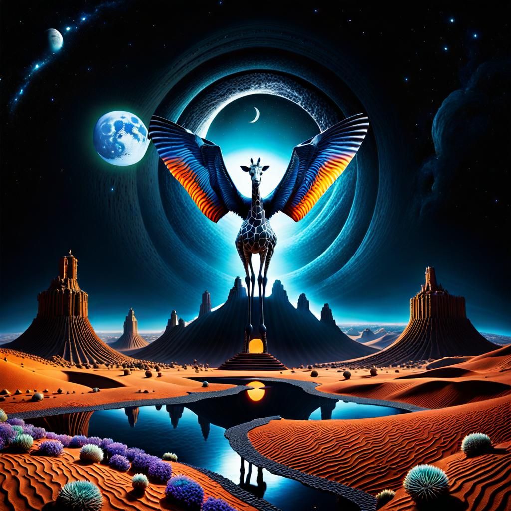 Surreal Desertscape with Giraffe and Cosmic Moon