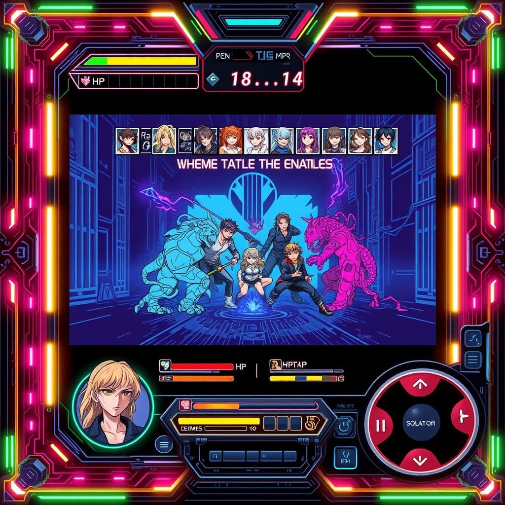 Cyberpunk Battle Screen in Futuristic 16-Bit Style