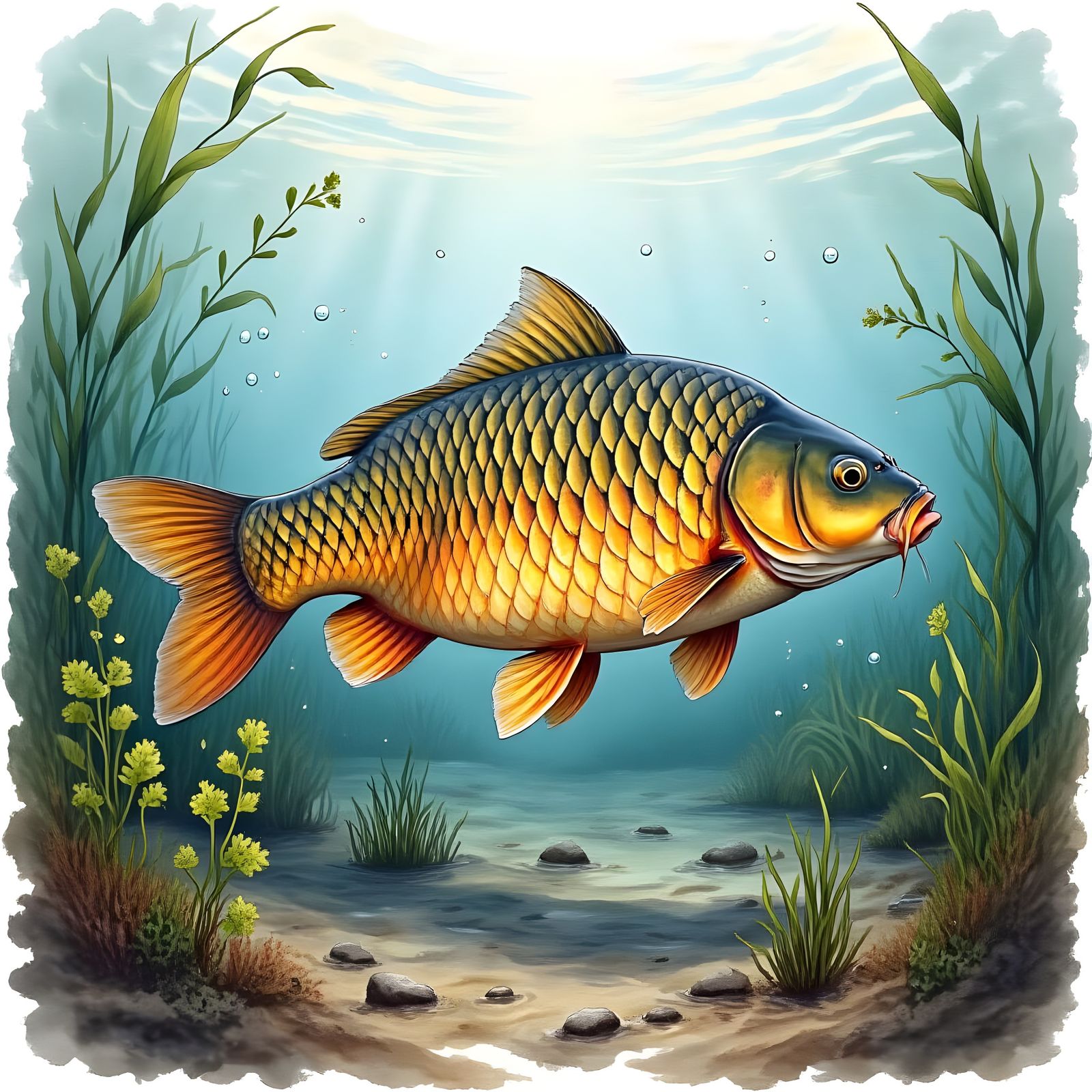 Realistic Carp Swimming in Muddy Pond: Watercolor