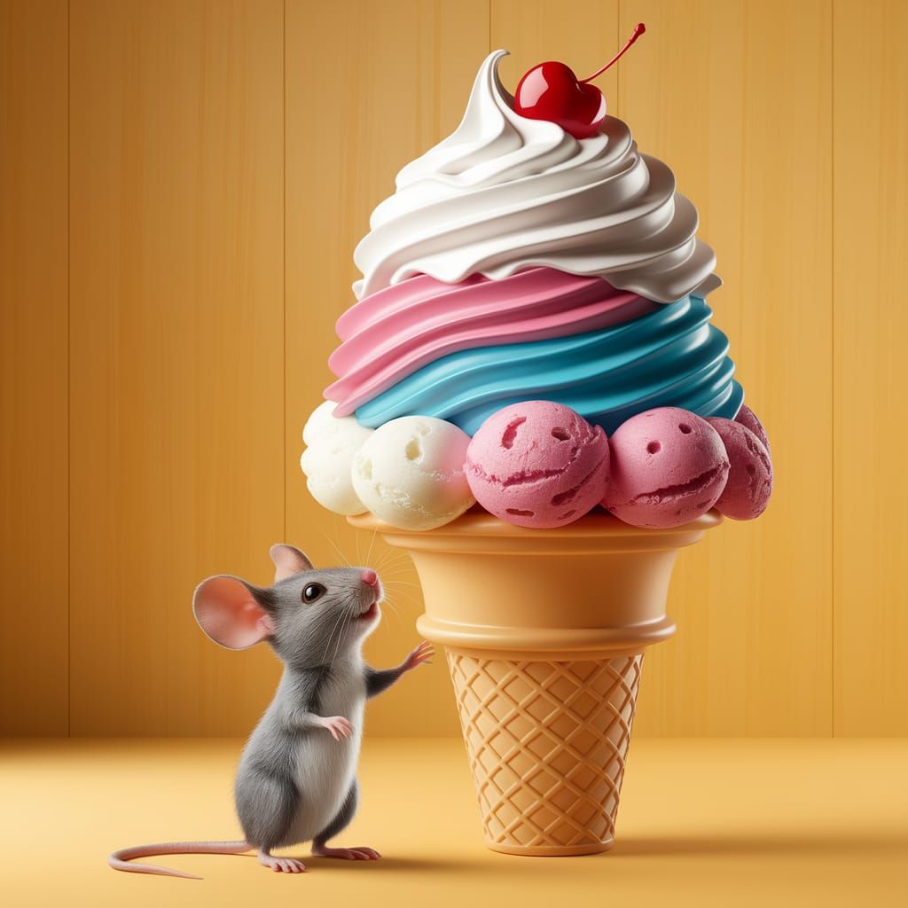 Mouse Reaching for Giant Ice Cream Cone