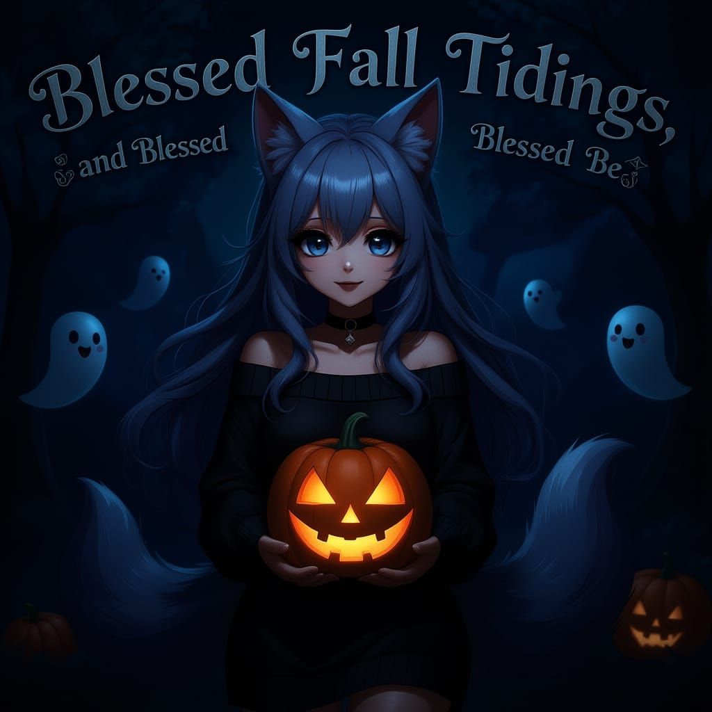 Anime Fox Girl with Glowing Pumpkin, Fantasy Halloween Scene