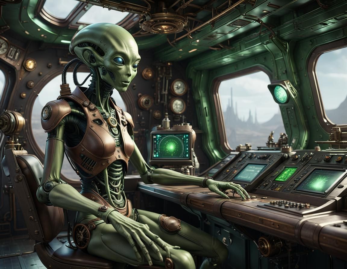 Steampunk Spaceship Control Room with Alien Crew