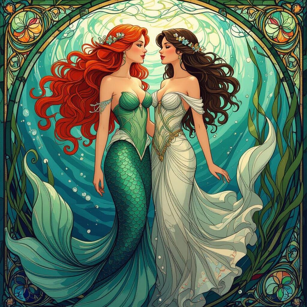 Mermaid Transformation in Art Nouveau Stained Glass Style