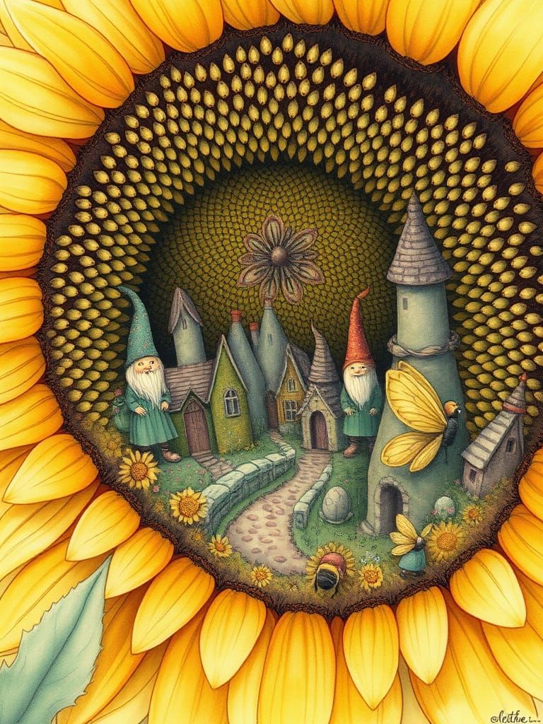 Enchanted Village in Sunflower, Watercolor Illustration