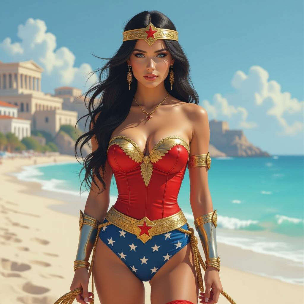 Woman on Greek Beach in Hyper-Realistic Style