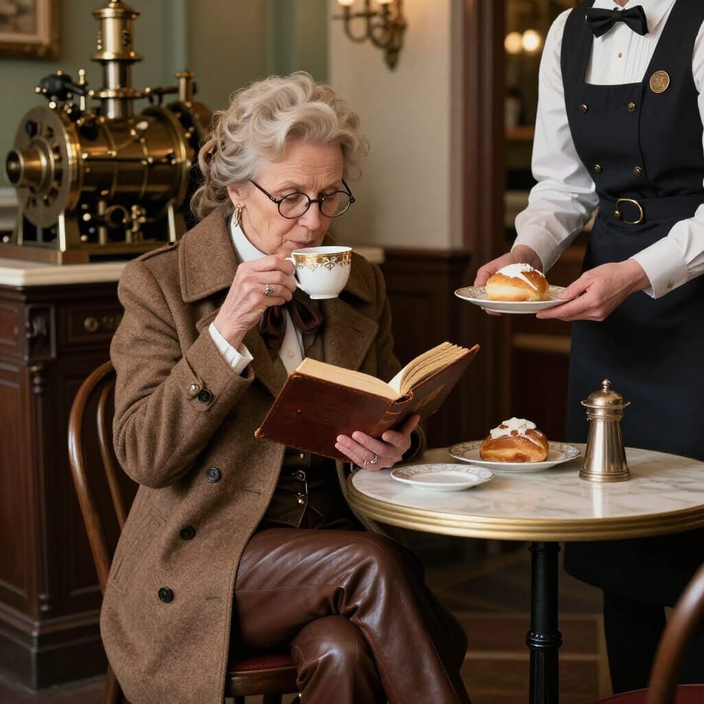 Woman in Steampunk Style Sips Tea in Cafe