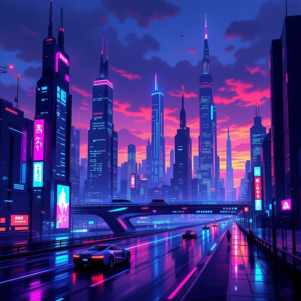 Futuristic Cityscape at Dusk in Retro-Futuristic Style