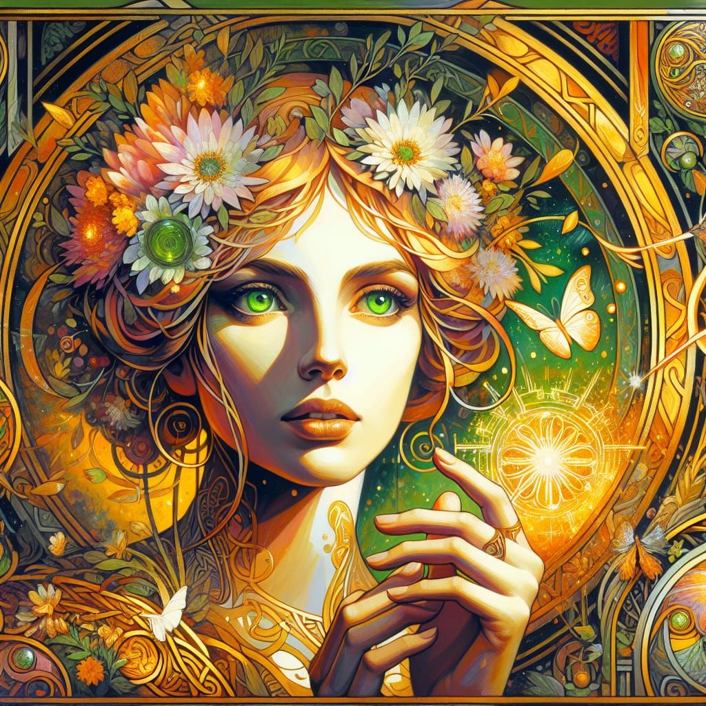 Green-Eyed Woman in Gustav Klimt Inspired Floral Scene