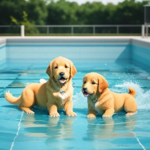 Golden Retriever Puppies Play in Swimming Pool