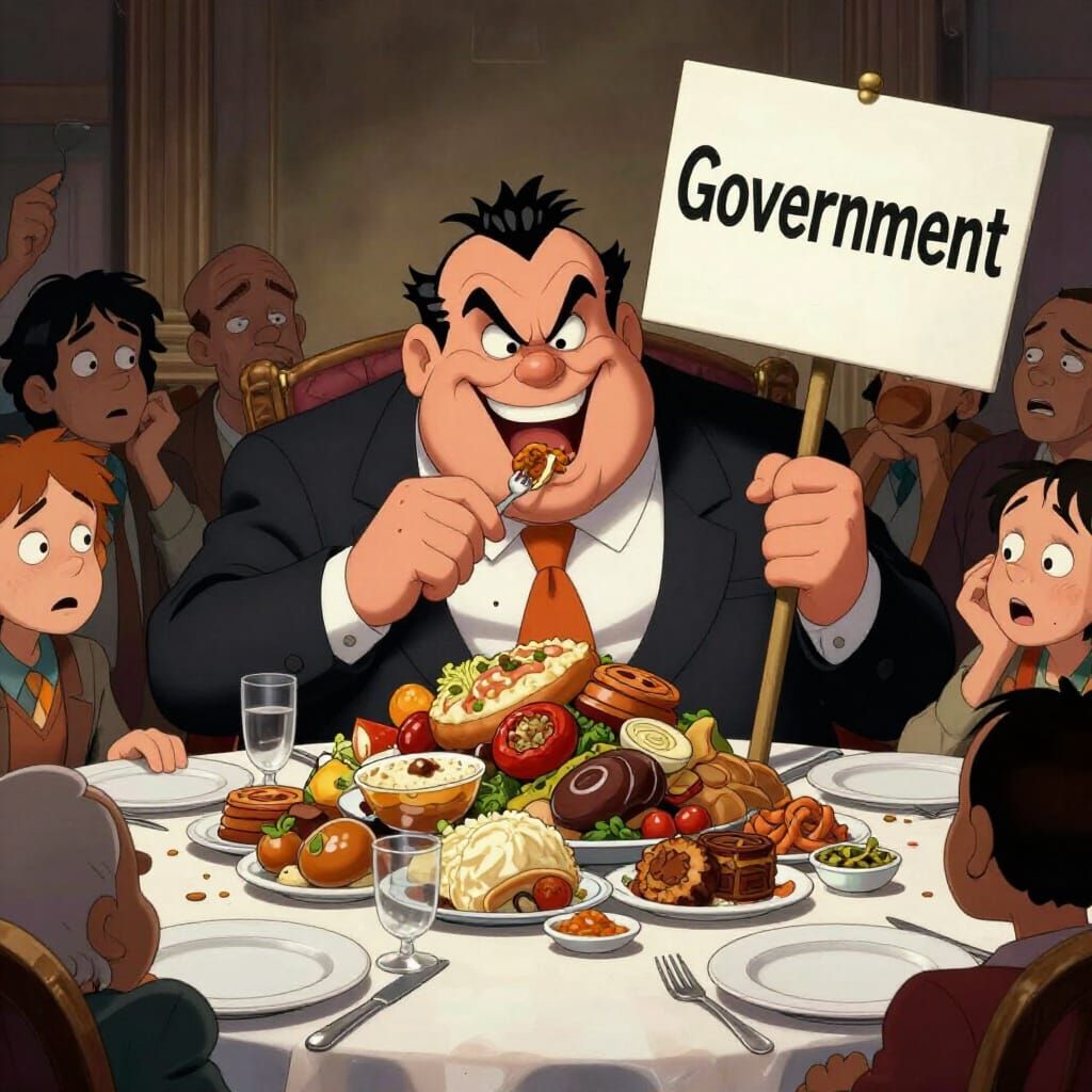 Satirical Cartoon of Greedy Politician Devouring Food
